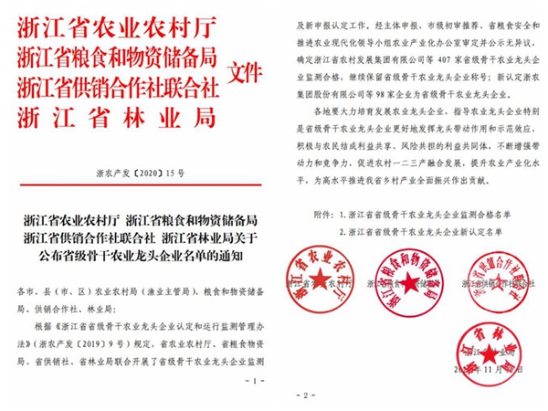 浙江省省級骨干農(nóng)業(yè)龍頭企業(yè)名單通知